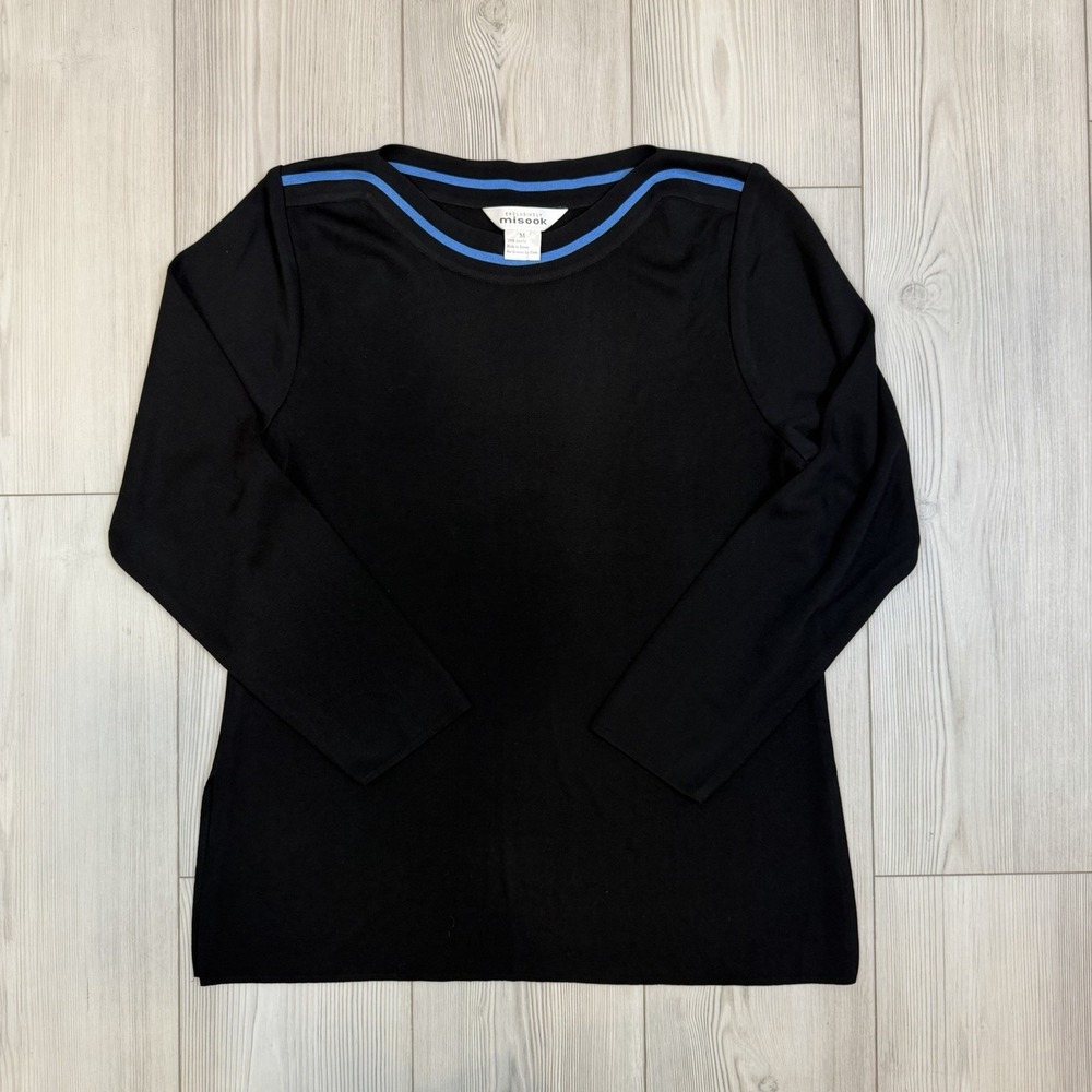 Exclusively Misook Blouse Womens‎ Medium Black Blue Long Sleeve Contrast Trim